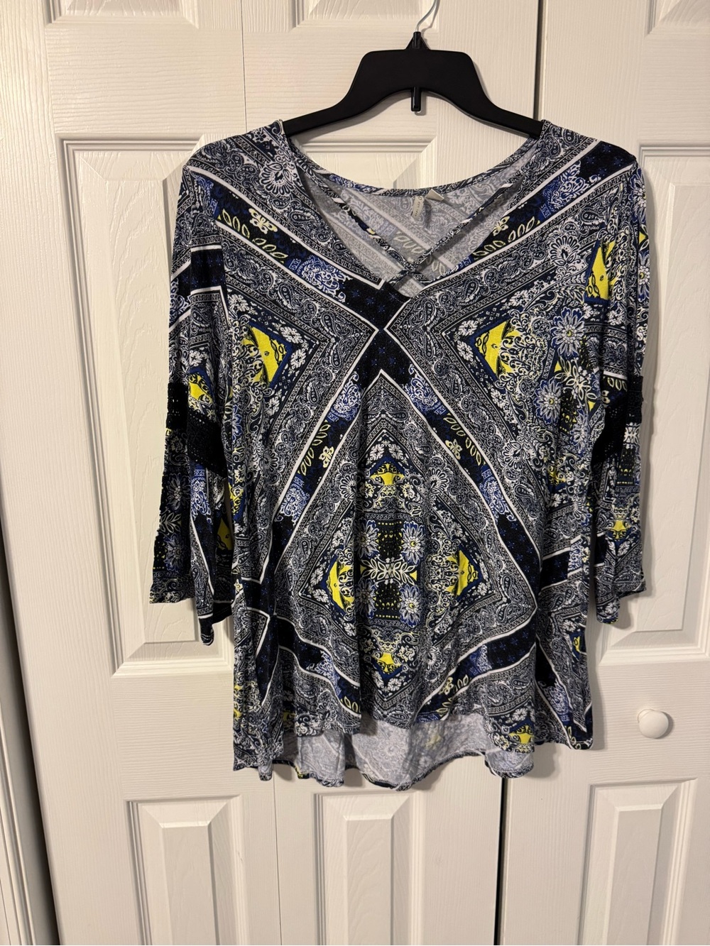 Cato Blue Paisley V-Neck Tunic with Yellow Accents